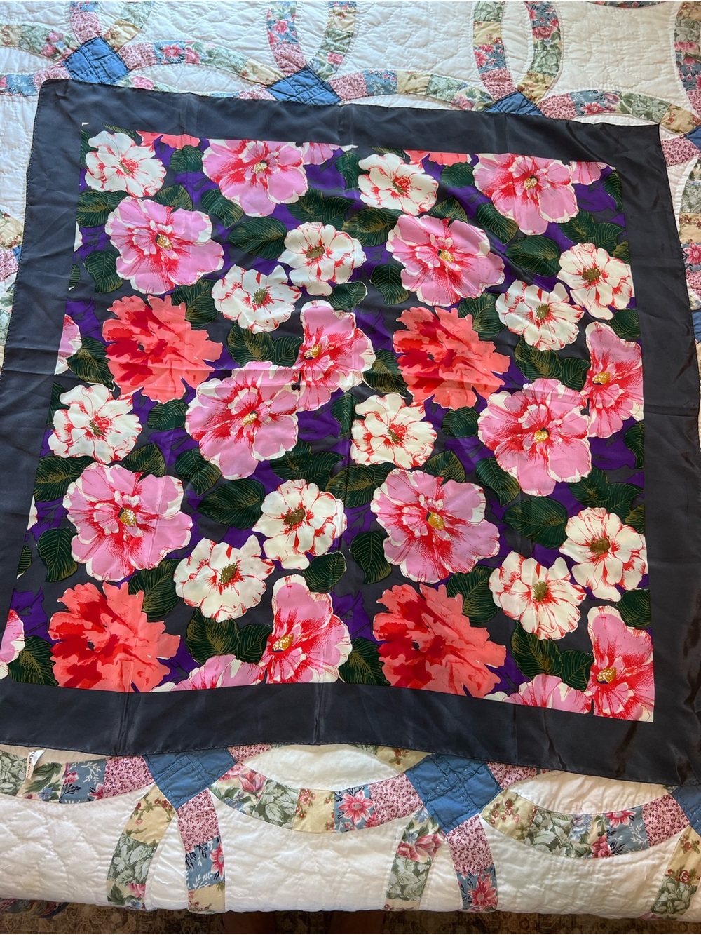 Vintage Floral Square Scarf Polisil Crepe Bold Camellia Peony Print